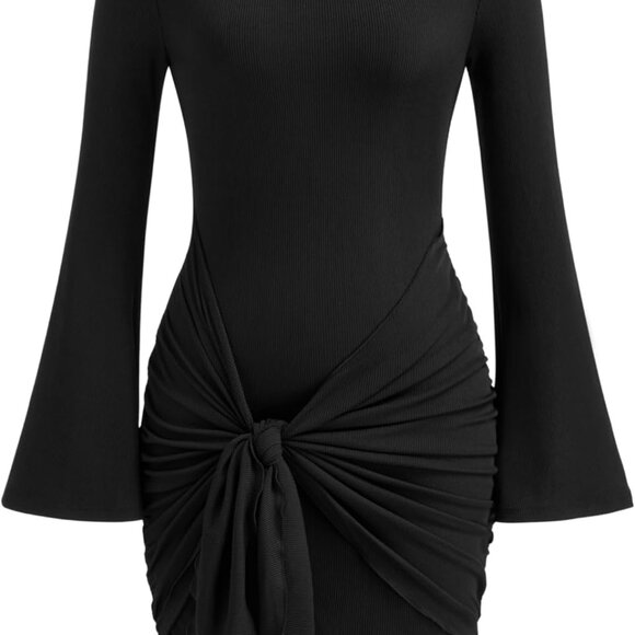 Womens Ribbed Knit Mini Dress Long Sleeve Bodycon Tie Waist Casual Elegant - Picture 1 of 7